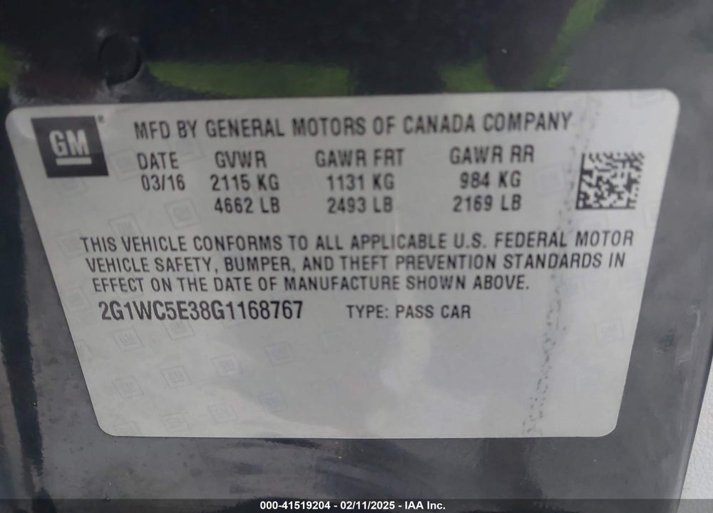 2016 CHEVROLET IMPALA LIMITED LTZ VIN: 2G1WC5E38G1168767