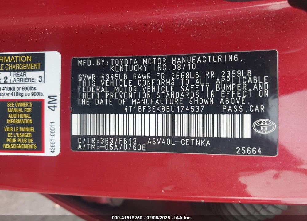 2011 TOYOTA CAMRY VIN: 4T1BF3EK8BU174537