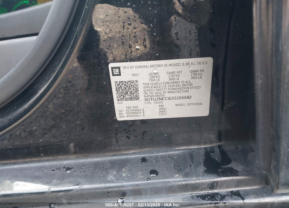 2018 GMC SIERRA 1500 VIN: 3GTU2NEC8JG155582