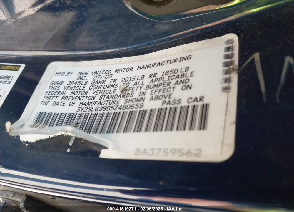 2005 PONTIAC VIBE VIN: 5Y2SL63805Z480659