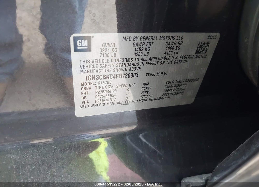 2015 CHEVROLET TAHOE LT VIN: 1GNSCBKC4FR720903