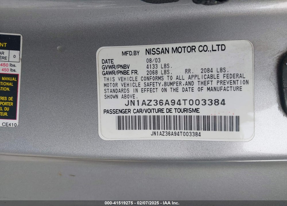 2004 NISSAN 350Z TOURING VIN: JN1AZ36A94T003384