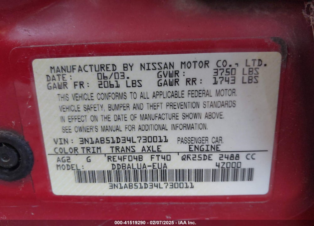 2004 NISSAN SENTRA SE-R VIN: 3N1AB51D34L730011