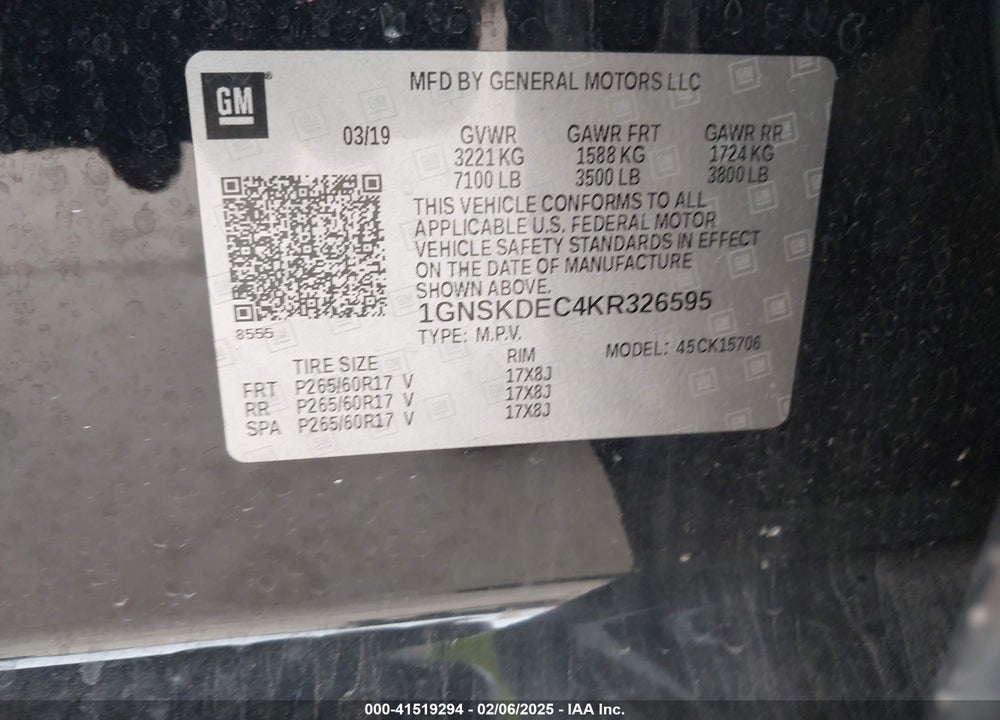 2019 CHEVROLET TAHOE COMMERCIAL FLEET VIN: 1GNSKDEC4KR326595