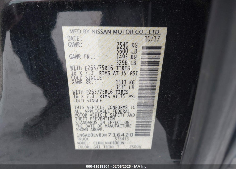 2018 NISSAN FRONTIER VIN: 1N6AD0EV8JN716420
