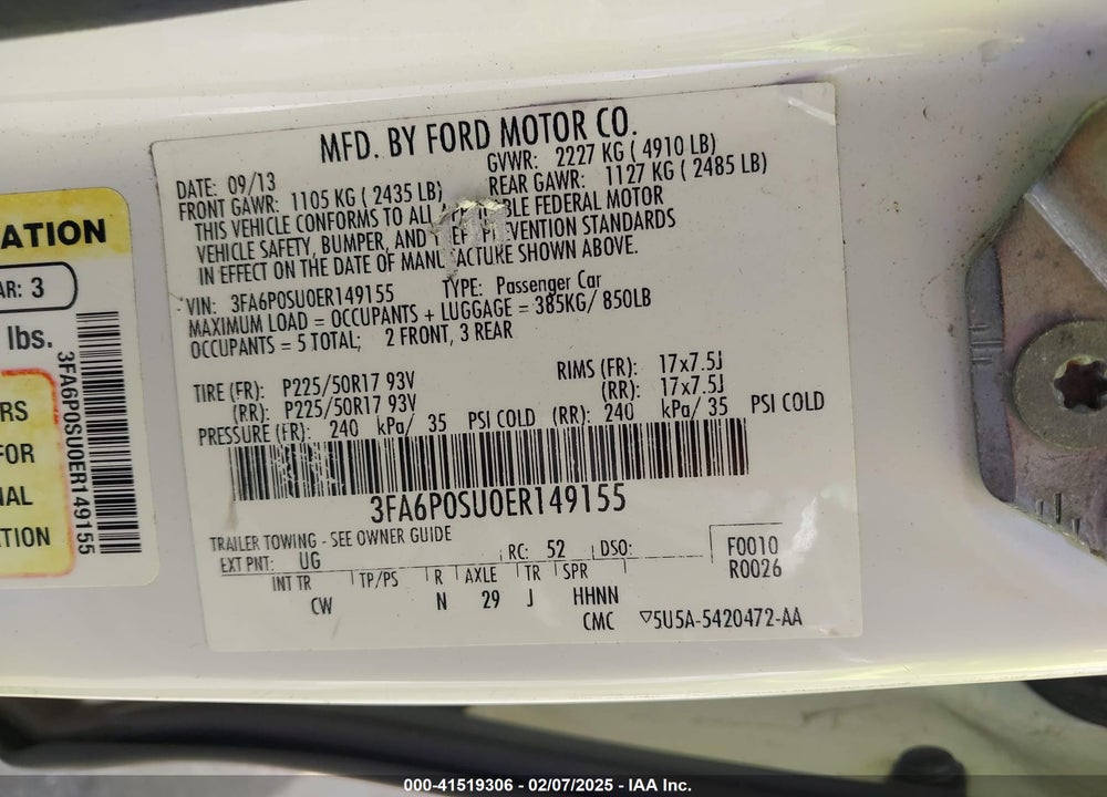 2014 FORD FUSION ENERGI VIN: 3FA6P0SU0ER149155