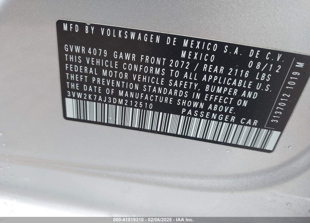 2013 VOLKSWAGEN JETTA VIN: 3VW2K7AJ3DM212510
