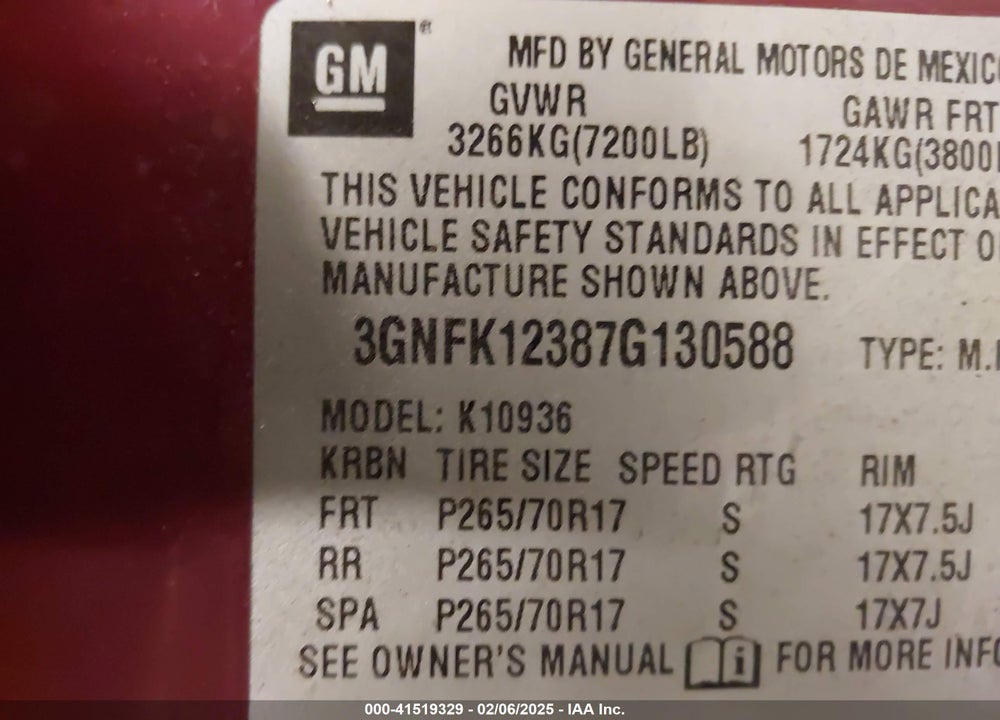 2007 CHEVROLET AVALANCHE 1500 LS VIN: 3GNFK12387G130588