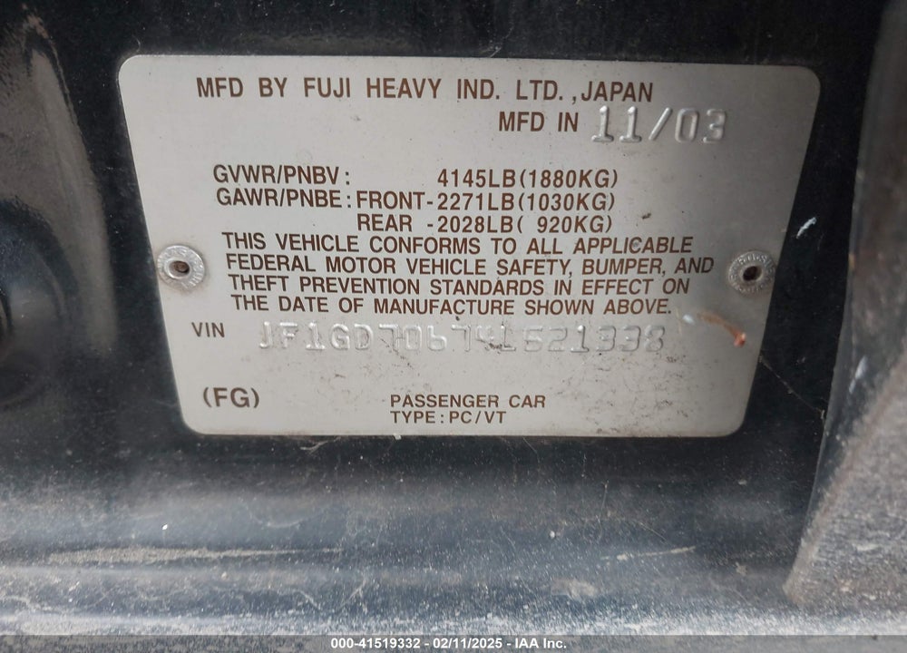 2004 SUBARU IMPREZA WRX STI VIN: JF1GD70674L521338