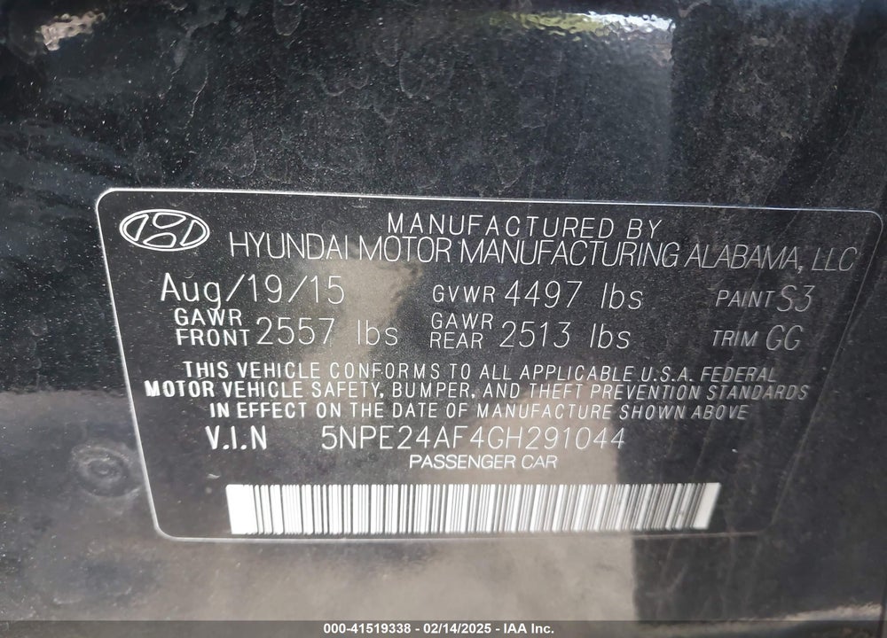 2016 HYUNDAI SONATA SE VIN: 5NPE24AF4GH291044