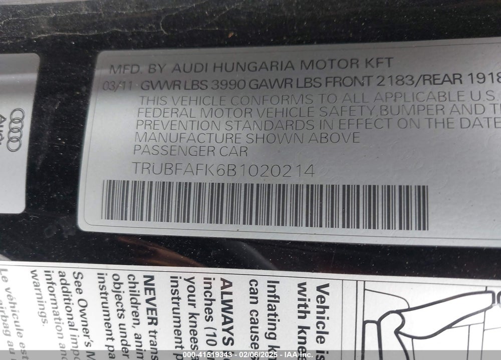 2011 AUDI TT VIN: TRUBFAFK6B1020214