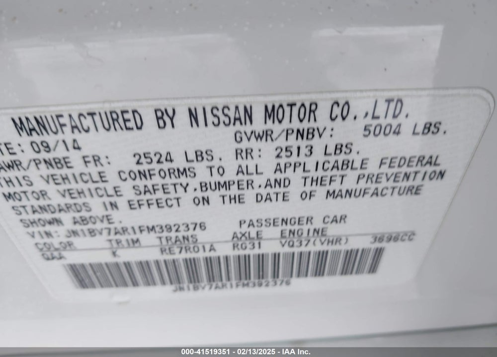2015 INFINITI Q50 PREMIUM VIN: JN1BV7AR1FM392376