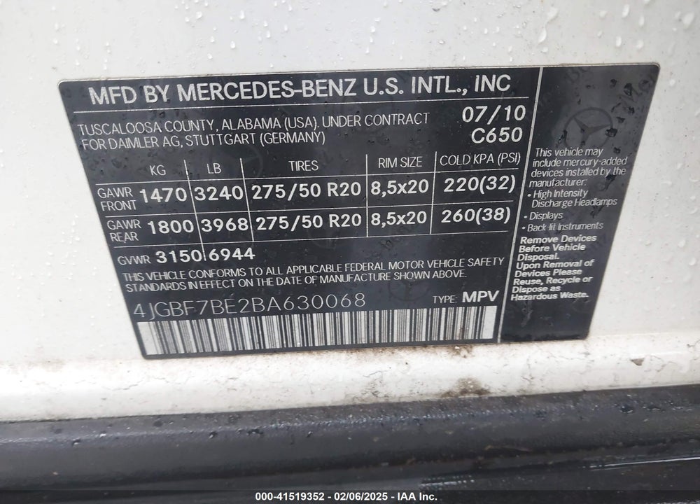 2011 MERCEDES-BENZ GL 450 VIN: 4JGBF7BE2BA630068