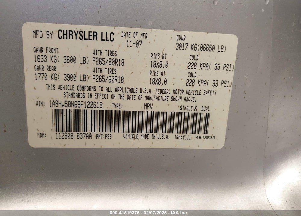 2008 CHRYSLER ASPEN LIMITED VIN: 1A8HW58N68F122619