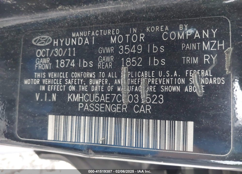 2012 HYUNDAI ACCENT VIN: KMHCU5AE7CU031523