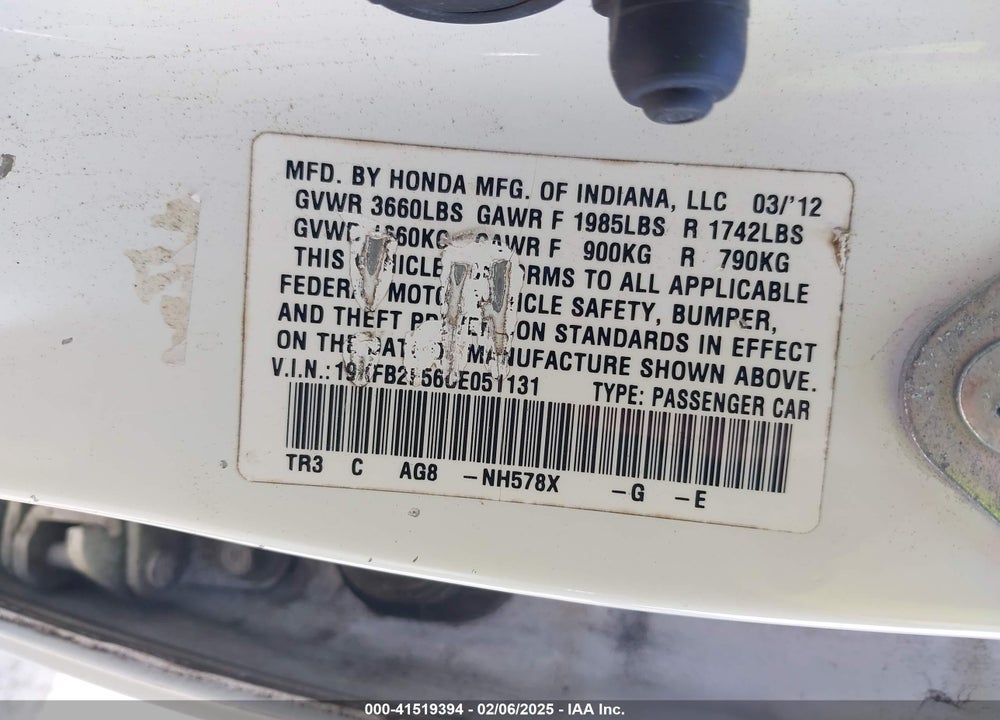 2012 HONDA CIVIC VIN: 19XFB2F56CE051131