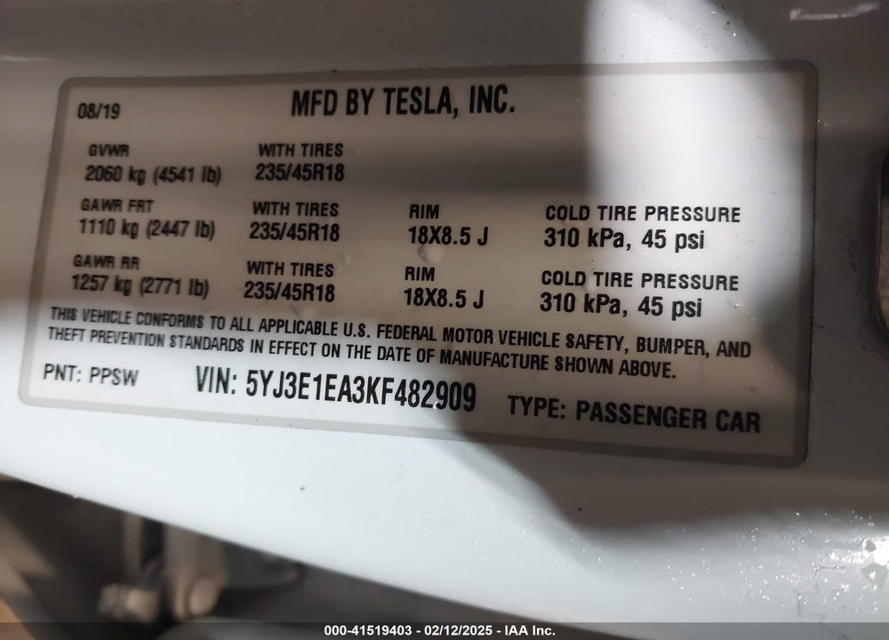 2019 TESLA MODEL 3 VIN: 5YJ3E1EA3KF482909