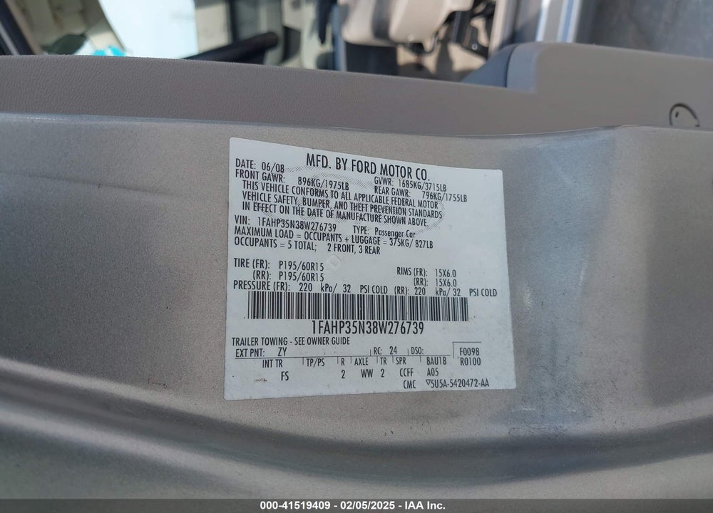 2008 FORD FOCUS SE VIN: 1FAHP35N38W276739