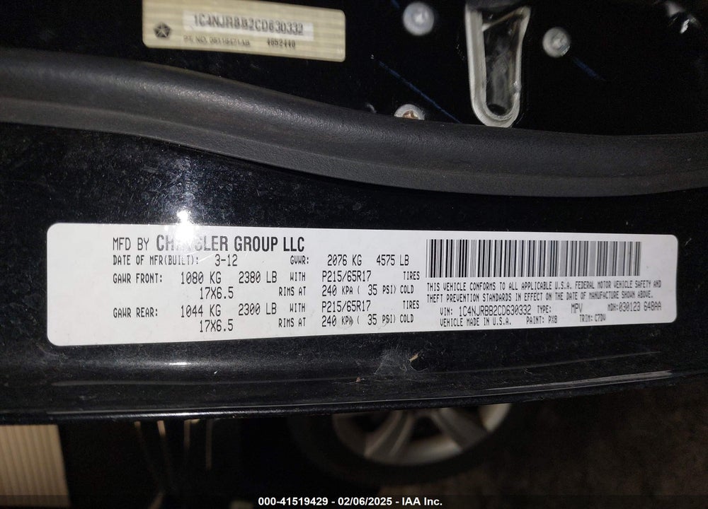 2012 JEEP PATRIOT SPORT VIN: 1C4NJRBB2CD630332