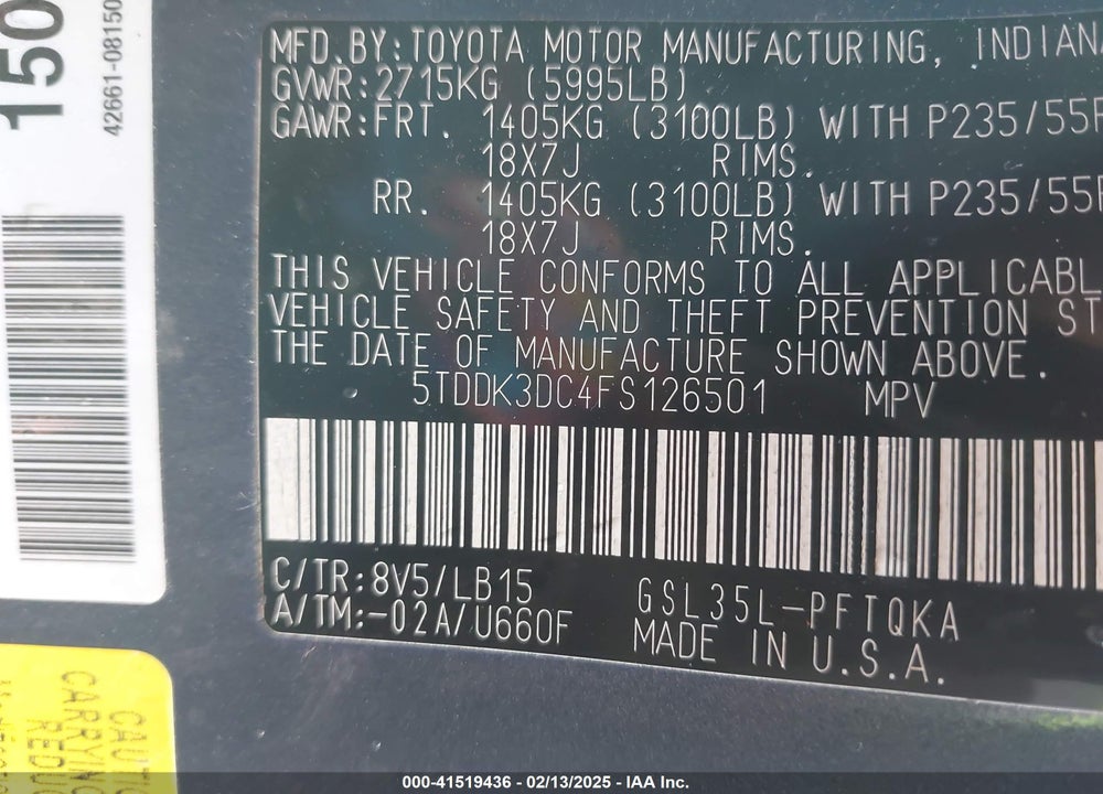 2015 TOYOTA SIENNA LIMITED PREMIUM 7 PASSENGER VIN: 5TDDK3DC4FS126501