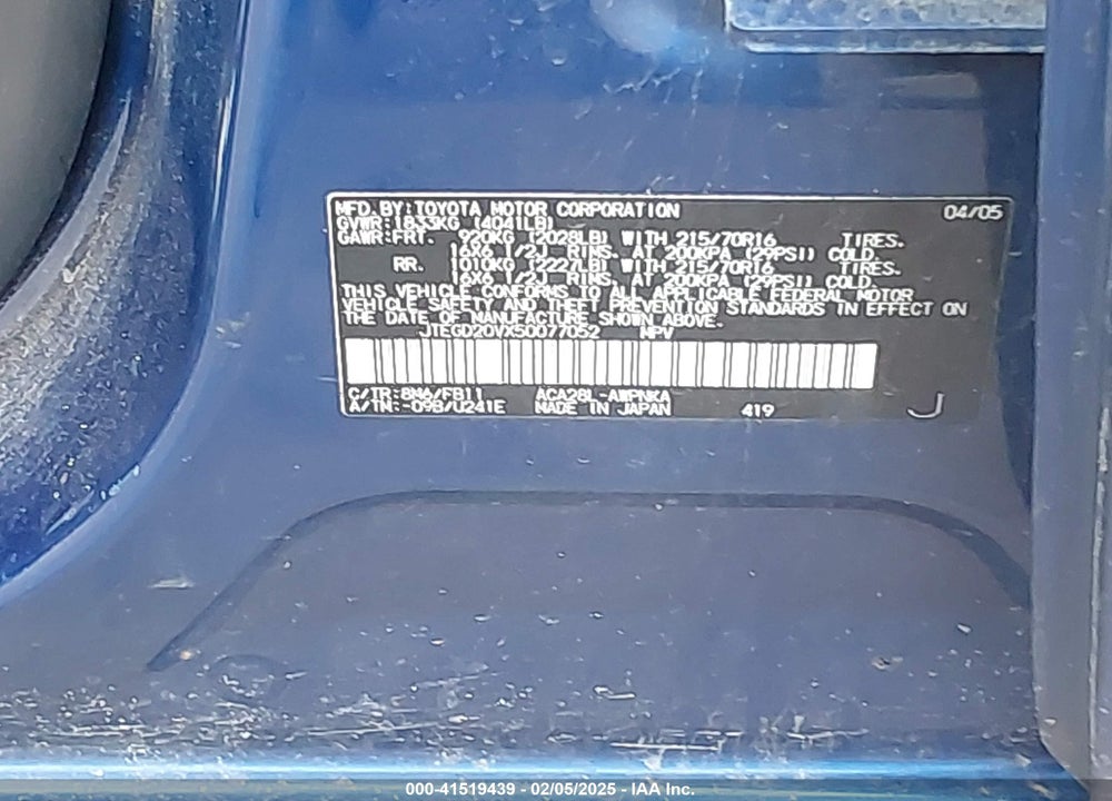 2005 TOYOTA RAV4 VIN: JTEGD20VX50077052