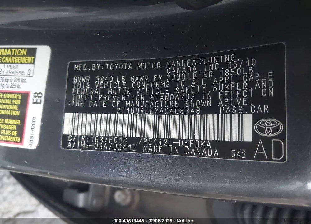 2010 TOYOTA COROLLA LE VIN: 2T1BU4EE7AC408348