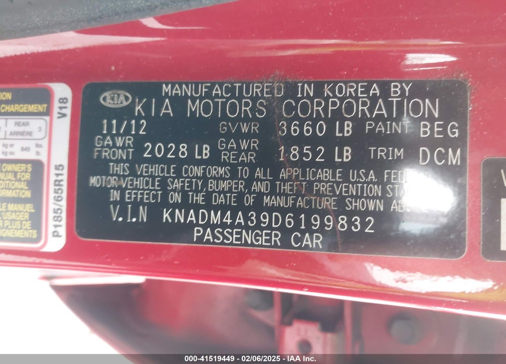 2013 KIA RIO VIN: KNADM4A39D6199832