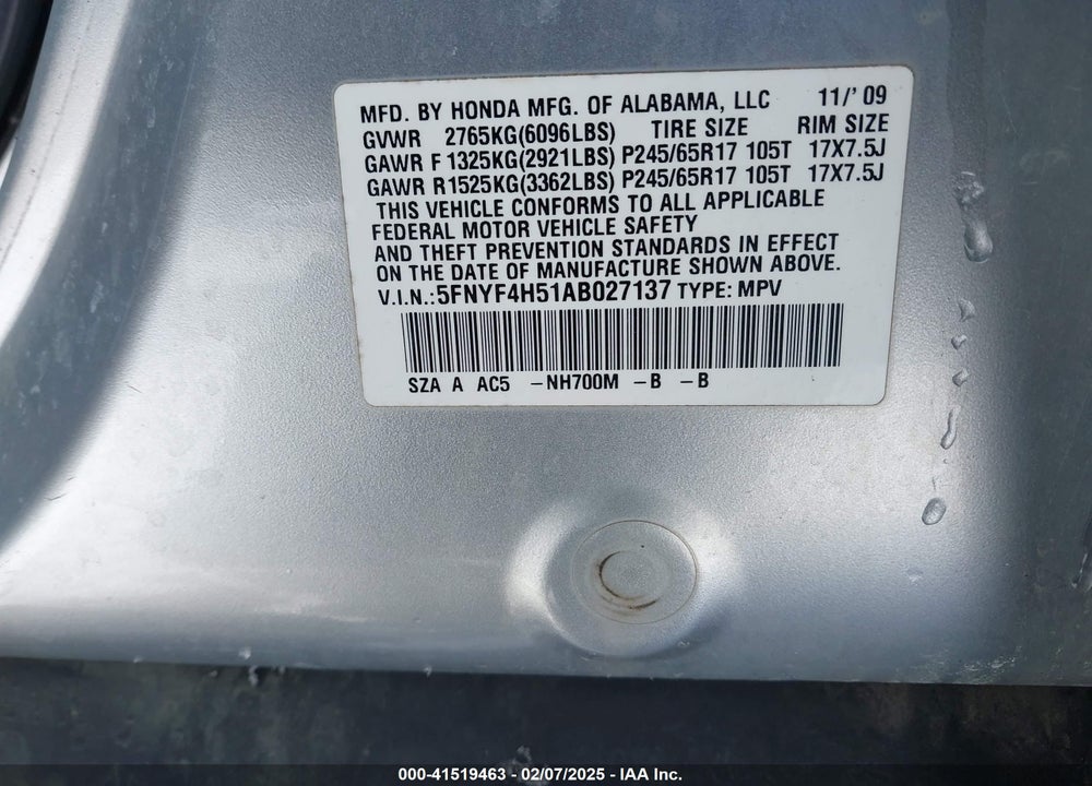 2010 HONDA PILOT VIN: 5FNYF4H51AB027137