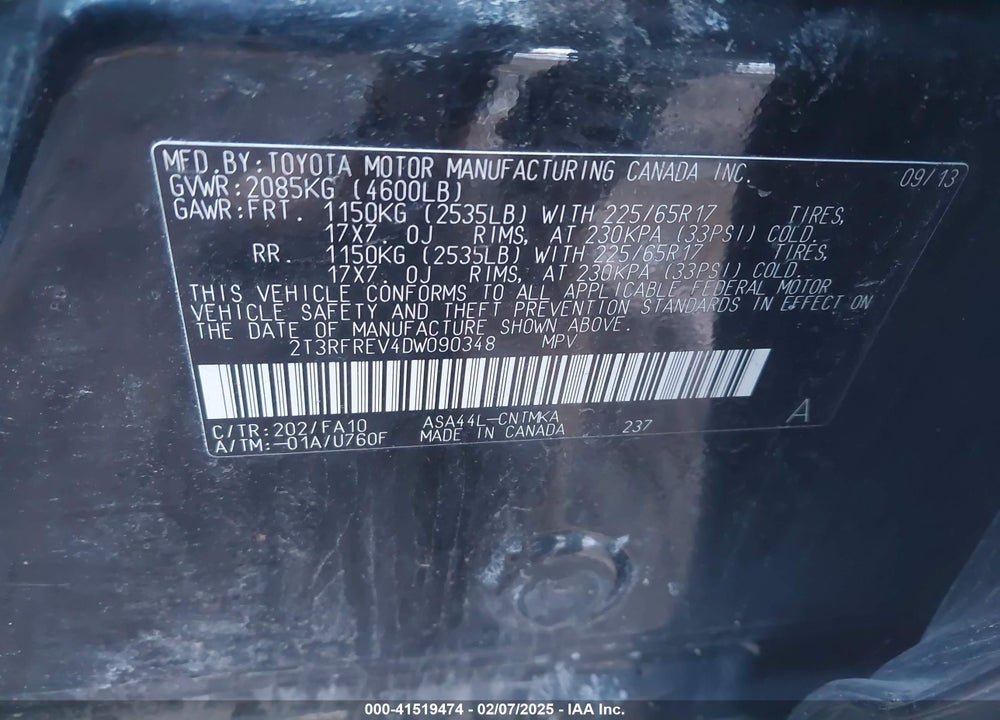 2013 TOYOTA RAV4 XLE VIN: 2T3RFREV4DW090348