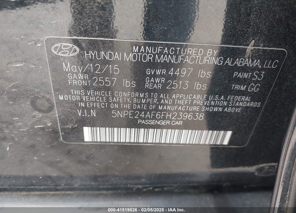 2015 HYUNDAI SONATA VIN: 5NPE24AF6FH239638