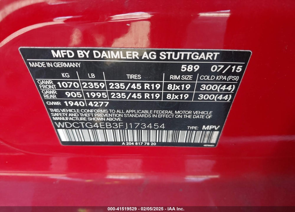 2015 MERCEDES-BENZ GLA 250 VIN: WDCTG4EB3FJ173454