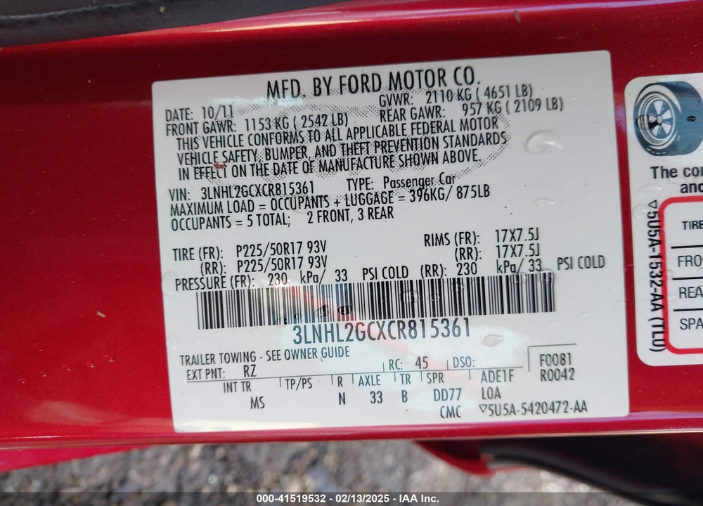 2012 LINCOLN MKZ VIN: 3LNHL2GCXCR815361