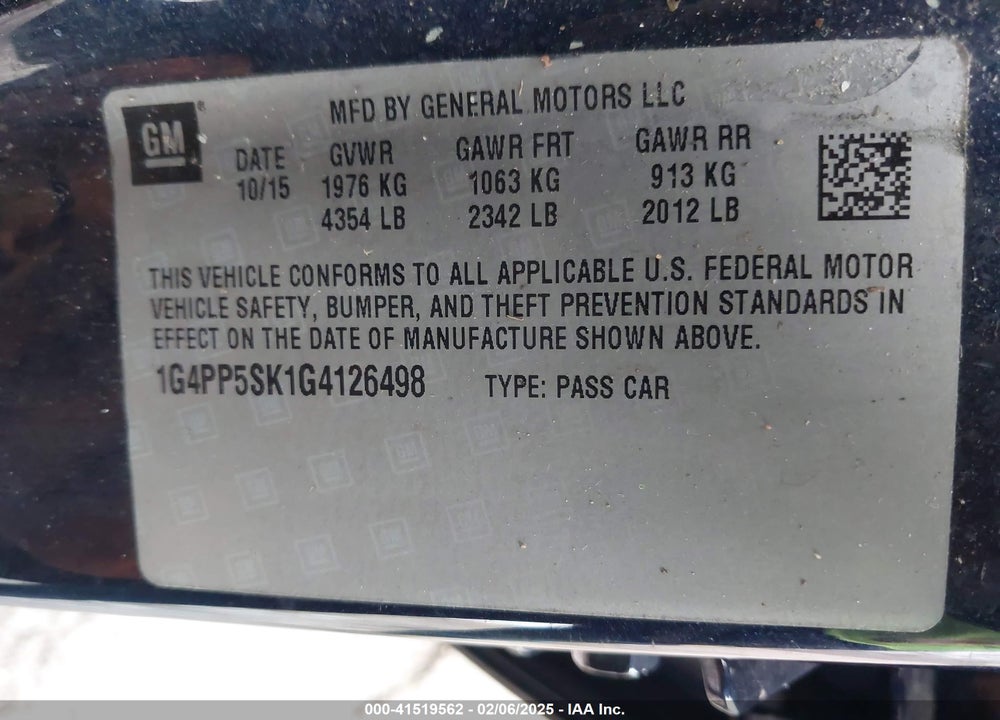 2016 BUICK VERANO VIN: 1G4PP5SK1G4126498