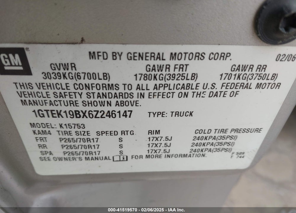2006 GMC SIERRA 1500 VIN: 1GTEK19BX6Z246147