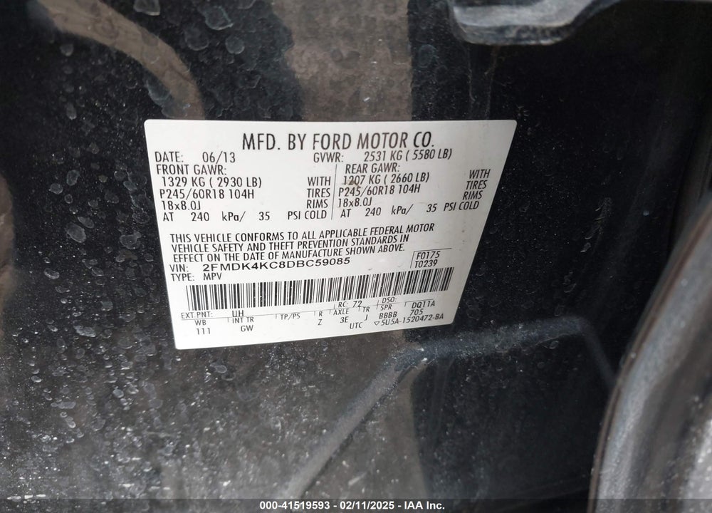 2013 FORD EDGE VIN: 2FMDK4KC8DBC59085