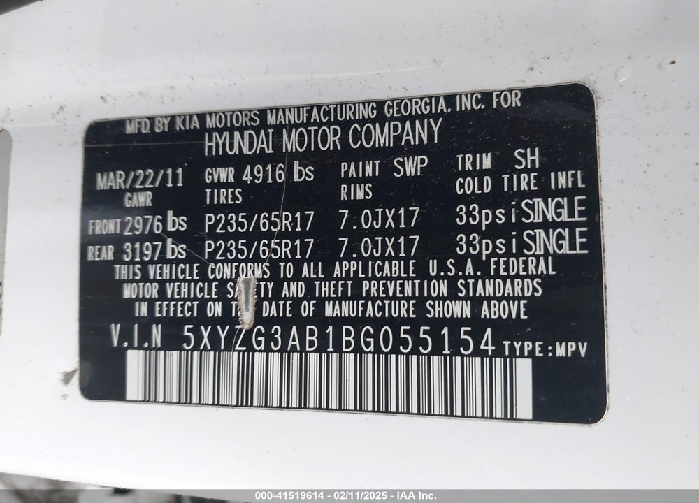 2011 HYUNDAI SANTA FE VIN: 5XYZG3AB1BG055154