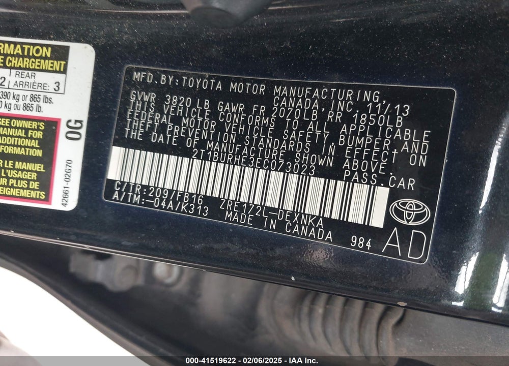 2014 TOYOTA COROLLA VIN: 2T1BURHE3EC073023