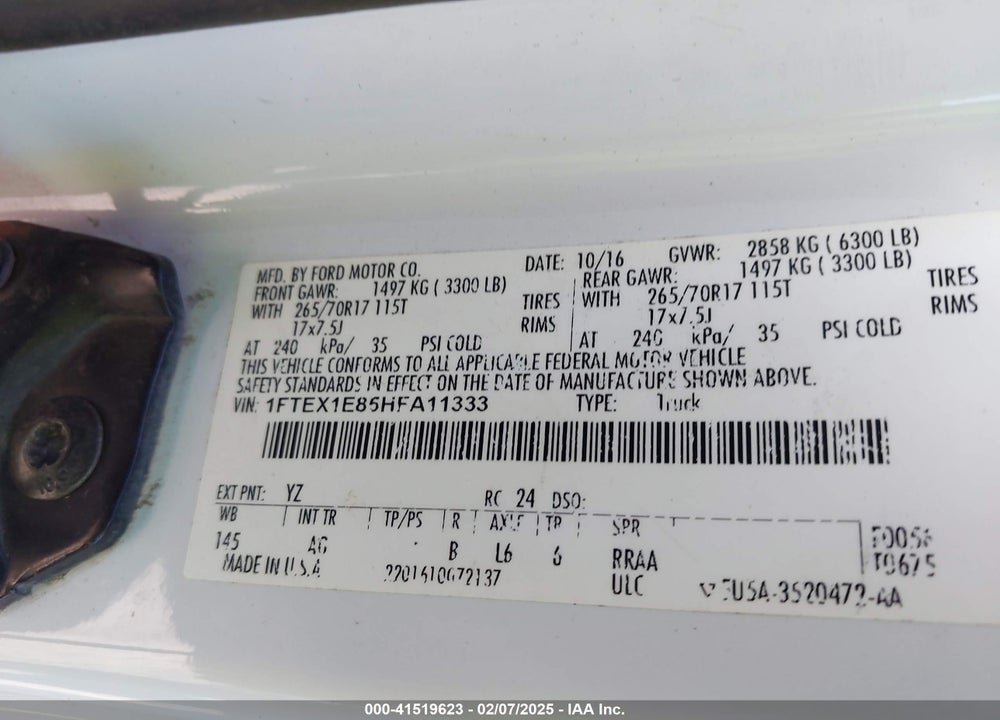 2017 FORD F-150 VIN: 1FTEX1E85HFA11333
