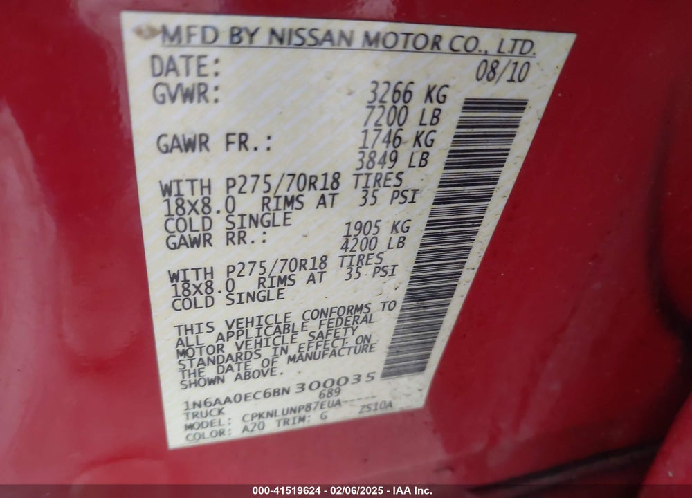 2011 NISSAN TITAN VIN: 1N6AA0EC6BN300035