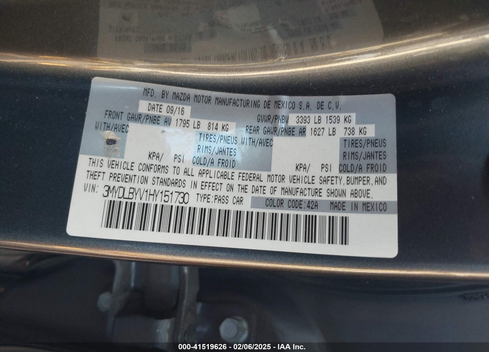 2017 TOYOTA YARIS IA VIN: 3MYDLBYV1HY151730