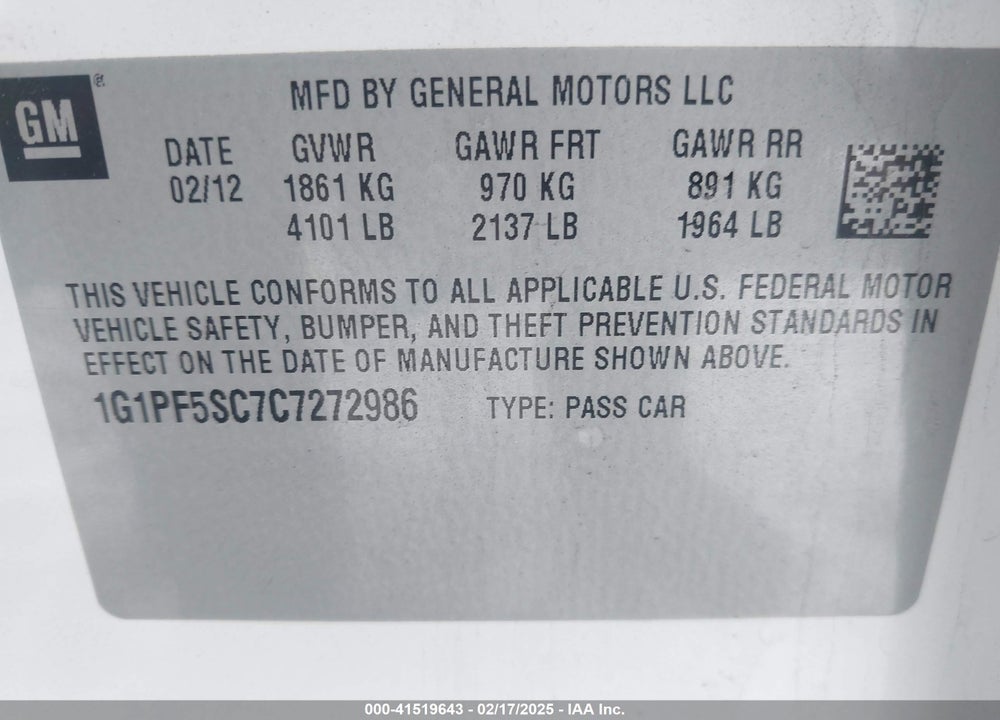 2012 CHEVROLET CRUZE VIN: 1G1PF5SC7C7272986