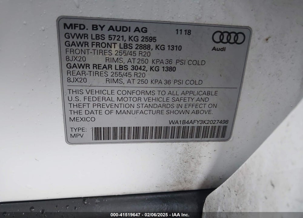 2019 AUDI SQ5 3.0T PREMIUM VIN: WA1B4AFY3K2027498