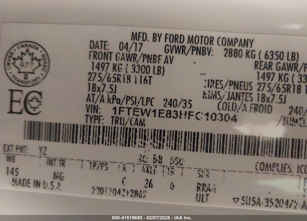 2017 FORD F-150 XLT VIN: 1FTEW1E83HFC10304
