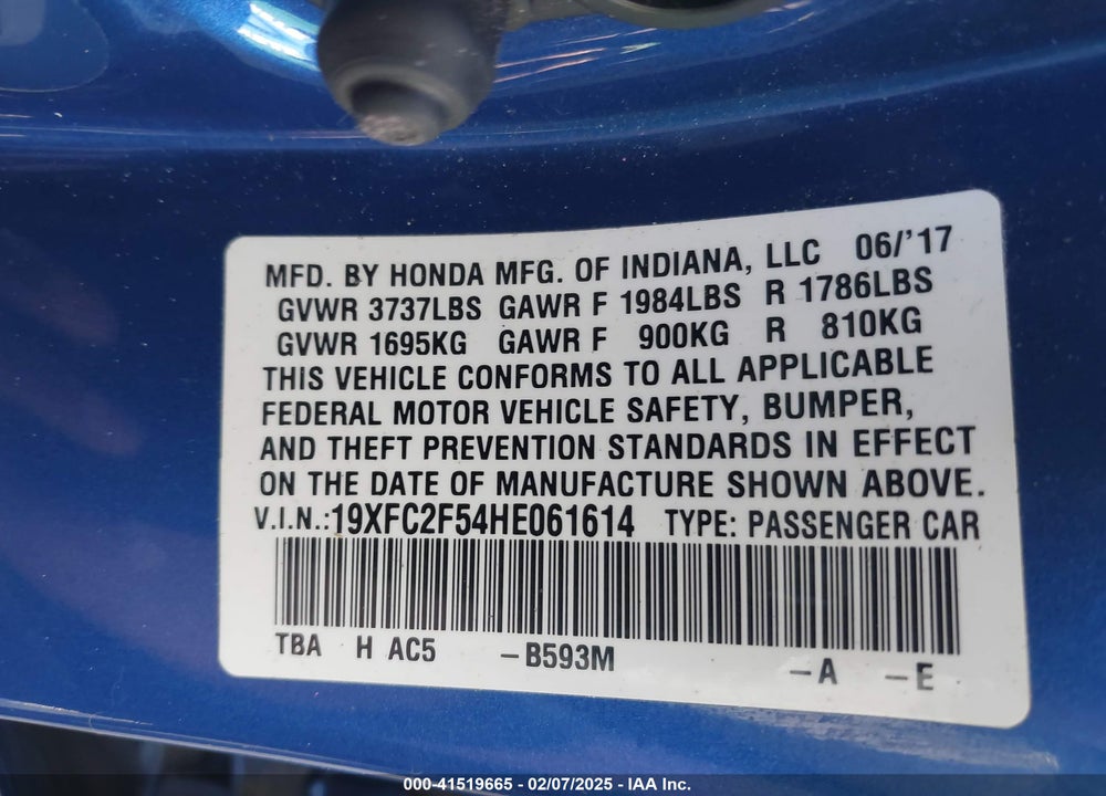 2017 HONDA CIVIC VIN: 19XFC2F54HE061614