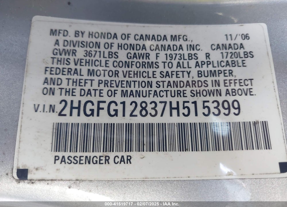 2007 HONDA CIVIC VIN: 2HGFG12837H515399