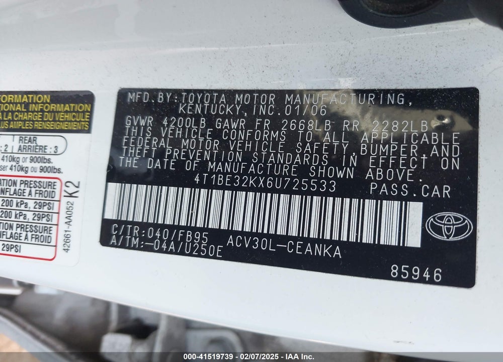 2006 TOYOTA CAMRY LE VIN: 4T1BE32KX6U725533