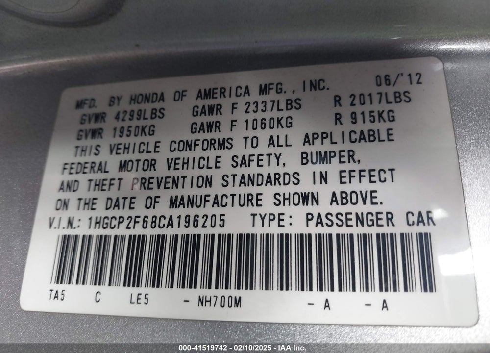 2012 HONDA ACCORD VIN: 1HGCP2F68CA196205
