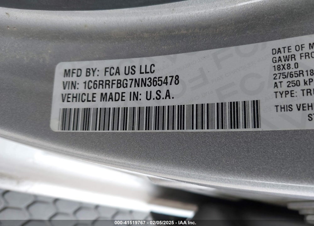 2022 RAM 1500 VIN: 1C6RRFBG7NN365478