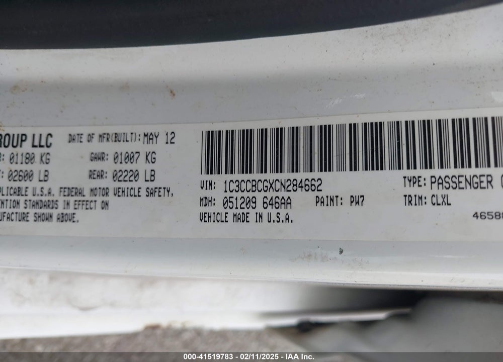 2012 CHRYSLER 200 LIMITED VIN: 1C3CCBCGXCN284662