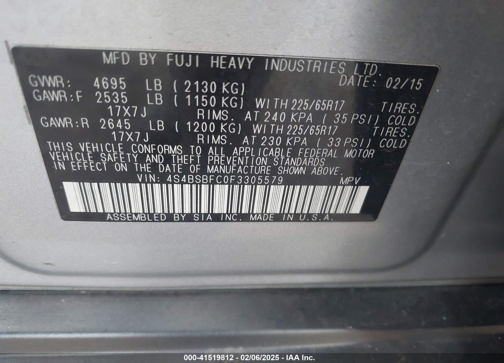2015 SUBARU OUTBACK 2.5I PREMIUM VIN: 4S4BSBFC0F3305579